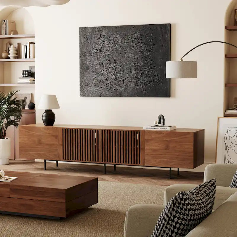 Stylish mid-century modern TV stand for up to 80 TVs. Ample storage for media devices, cable management. easy assembly.