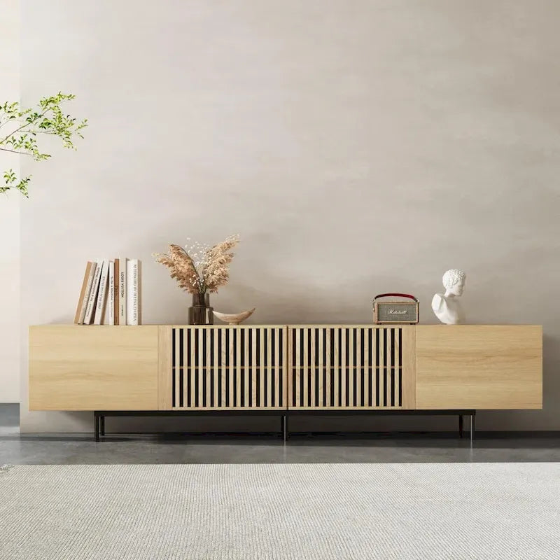 Meuble TV élégant, style moderne du milieu du siècle, pour téléviseurs jusqu'à 80 pouces. Grand espace de rangement pour les appareils multimédias, gestion des câbles. Montage facile.