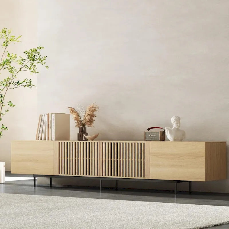 Meuble TV élégant, style moderne du milieu du siècle, pour téléviseurs jusqu'à 80 pouces. Grand espace de rangement pour les appareils multimédias, gestion des câbles. Montage facile.