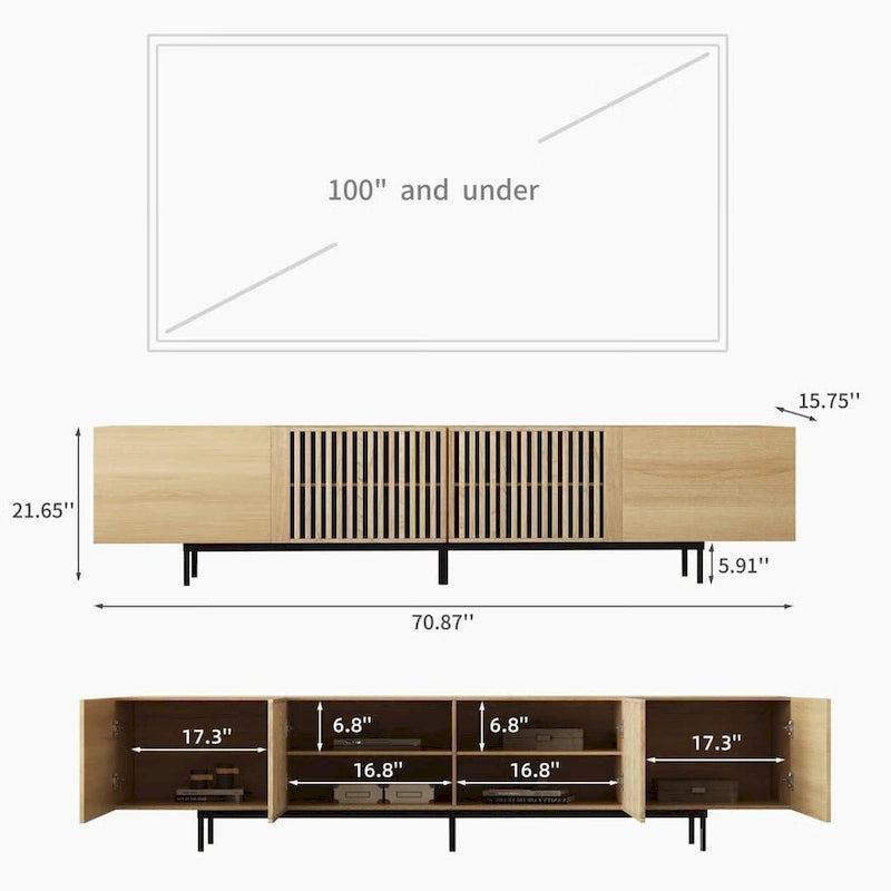 Meuble TV élégant, style moderne du milieu du siècle, pour téléviseurs jusqu'à 80 pouces. Grand espace de rangement pour les appareils multimédias, gestion des câbles. Montage facile.