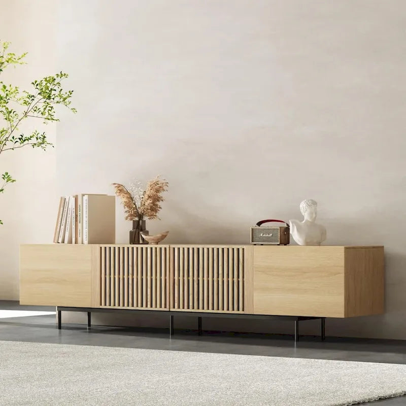 Meuble TV élégant, style moderne du milieu du siècle, pour téléviseurs jusqu'à 80 pouces. Grand espace de rangement pour les appareils multimédias, gestion des câbles. Montage facile.