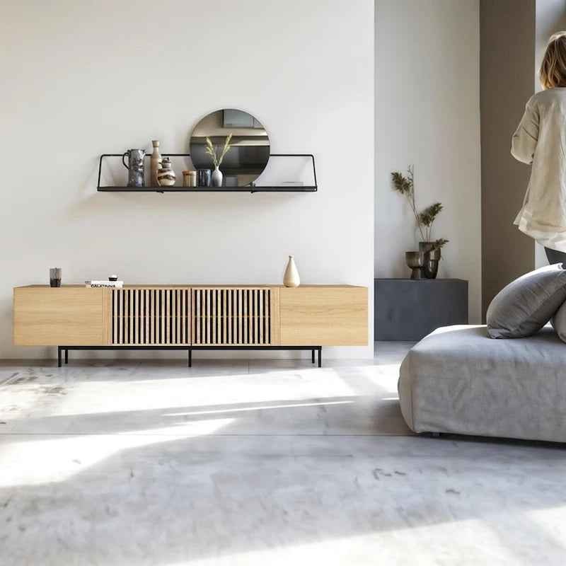 Meuble TV élégant, style moderne du milieu du siècle, pour téléviseurs jusqu'à 80 pouces. Grand espace de rangement pour les appareils multimédias, gestion des câbles. Montage facile.