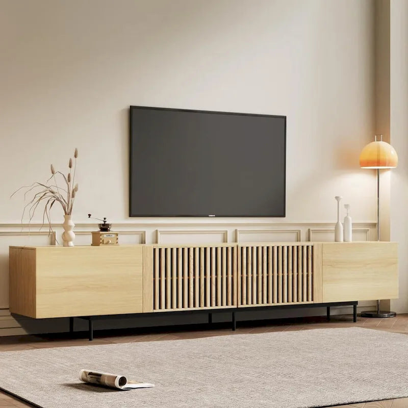 Meuble TV élégant, style moderne du milieu du siècle, pour téléviseurs jusqu'à 80 pouces. Grand espace de rangement pour les appareils multimédias, gestion des câbles. Montage facile.
