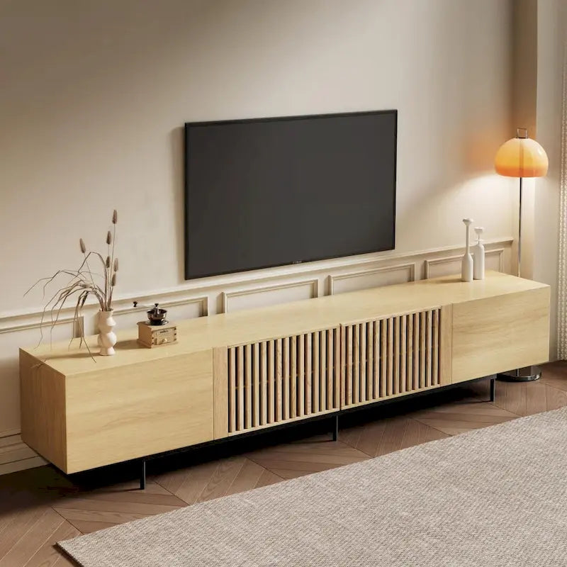Meuble TV élégant, style moderne du milieu du siècle, pour téléviseurs jusqu'à 80 pouces. Grand espace de rangement pour les appareils multimédias, gestion des câbles. Montage facile.