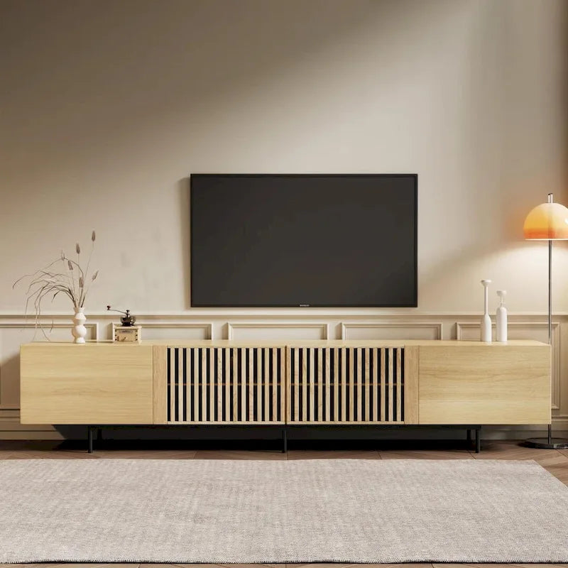 Meuble TV élégant, style moderne du milieu du siècle, pour téléviseurs jusqu'à 80 pouces. Grand espace de rangement pour les appareils multimédias, gestion des câbles. Montage facile.