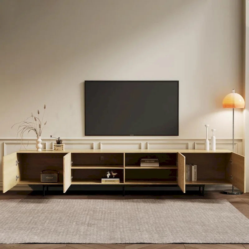 Meuble TV élégant, style moderne du milieu du siècle, pour téléviseurs jusqu'à 80 pouces. Grand espace de rangement pour les appareils multimédias, gestion des câbles. Montage facile.