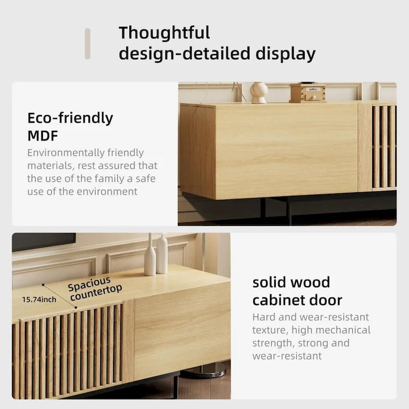 Meuble TV élégant, style moderne du milieu du siècle, pour téléviseurs jusqu'à 80 pouces. Grand espace de rangement pour les appareils multimédias, gestion des câbles. Montage facile.