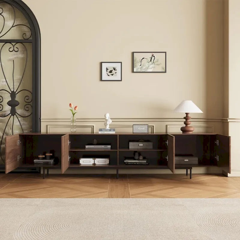 Meuble TV élégant, style moderne du milieu du siècle, pour téléviseurs jusqu'à 80 pouces. Grand espace de rangement pour les appareils multimédias, gestion des câbles. Montage facile.