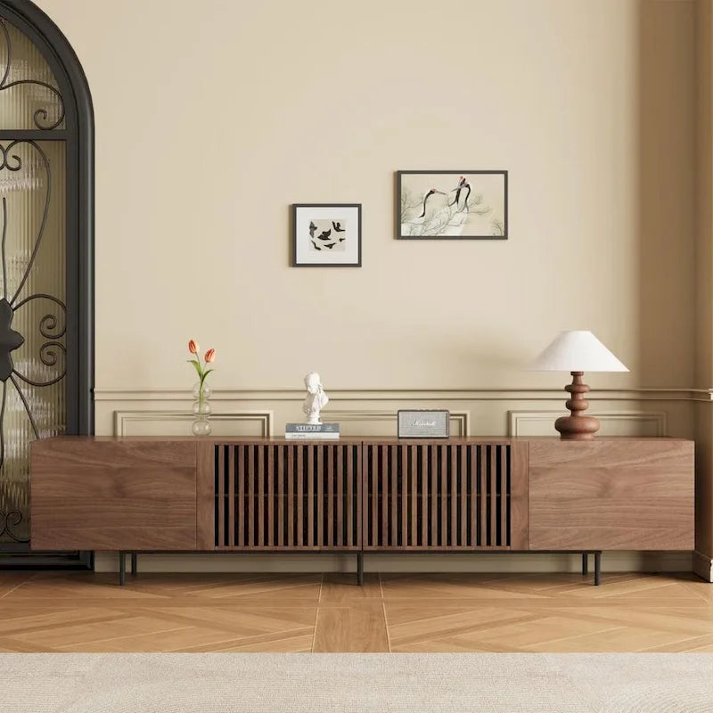 Meuble TV élégant, style moderne du milieu du siècle, pour téléviseurs jusqu'à 80 pouces. Grand espace de rangement pour les appareils multimédias, gestion des câbles. Montage facile.