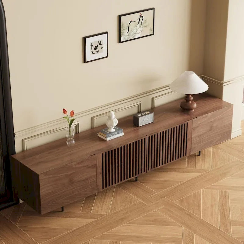 Meuble TV élégant, style moderne du milieu du siècle, pour téléviseurs jusqu'à 80 pouces. Grand espace de rangement pour les appareils multimédias, gestion des câbles. Montage facile.