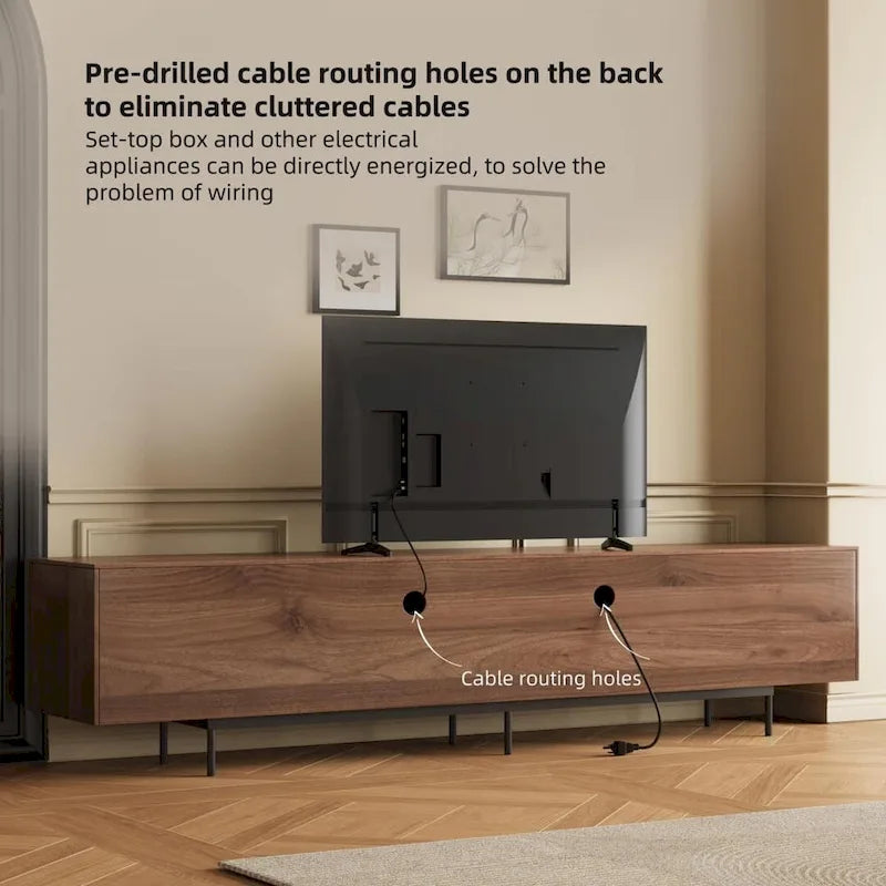 Meuble TV élégant, style moderne du milieu du siècle, pour téléviseurs jusqu'à 80 pouces. Grand espace de rangement pour les appareils multimédias, gestion des câbles. Montage facile.
