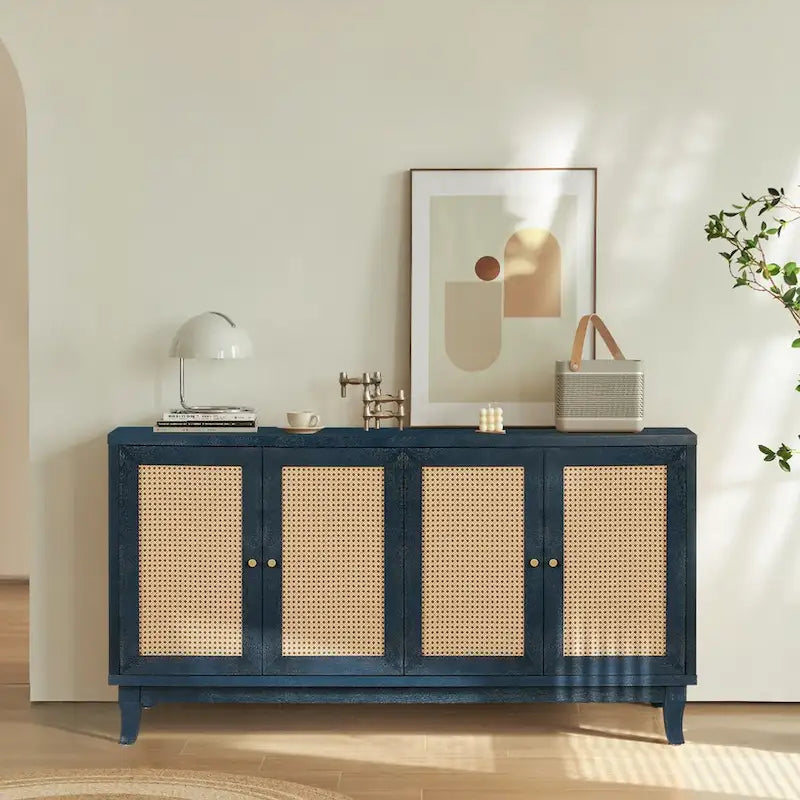 Panneaux de grain de qualité supérieure faits à la main, buffet en rotin, meuble de rangement d'appoint, bleu marine - S.O.