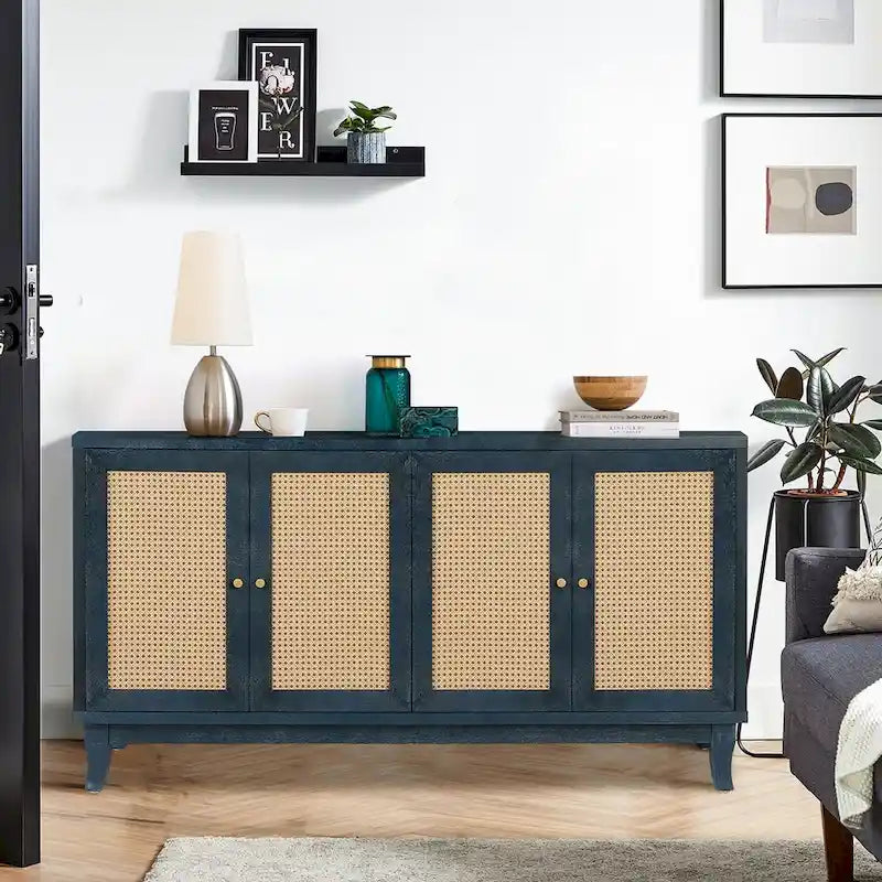 Panneaux de grain de qualité supérieure faits à la main, buffet en rotin, meuble de rangement d'appoint, bleu marine - S.O.