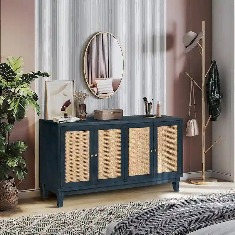 Panneaux de grain de qualité supérieure faits à la main, buffet en rotin, meuble de rangement d'appoint, bleu marine - S.O.