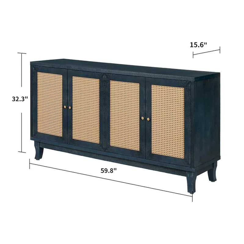 Panneaux de grain de qualité supérieure faits à la main, buffet en rotin, meuble de rangement d'appoint, bleu marine - S.O.
