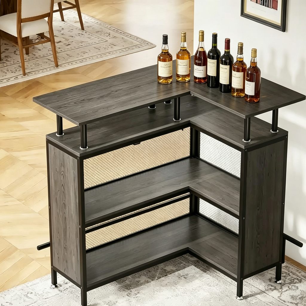 Meuble de bar d'angle en L, table de bar à liqueurs avec rangement à 2 niveaux - N/A